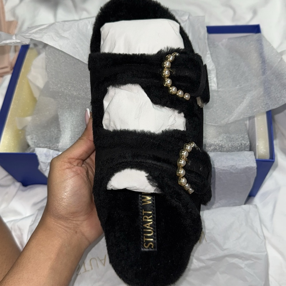 Stuart Weitzman Black and White Fur Slippers